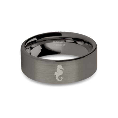 Seahorse Silhouette Laser Engraved Brushed Gunmetal Tungsten Ring - Image View 3