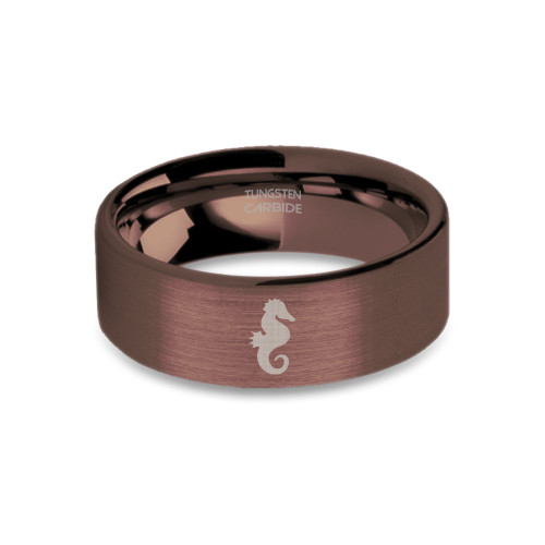 Seahorse Crest Engraved Espresso Brown Brushed Tungsten Ring - Image View 5