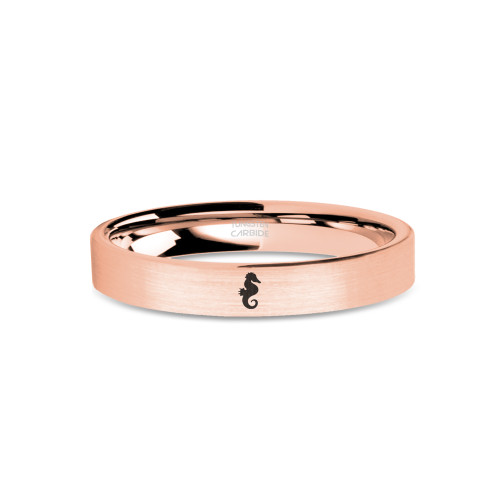 Sea Horse Sigil Engraved Brushed Rose Gold Tungsten Wedding Band - Image View 1