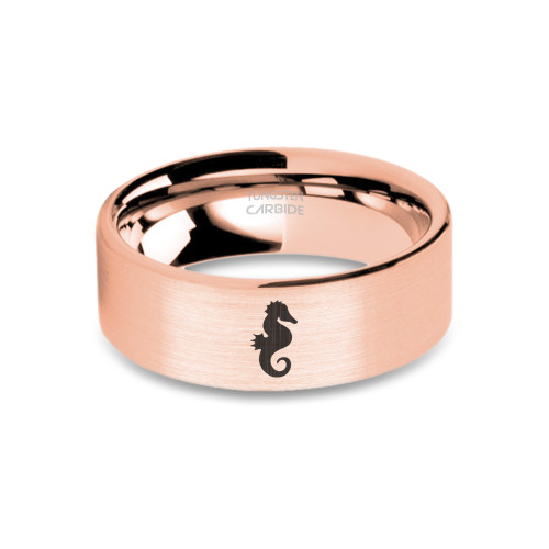 Sea Horse Sigil Engraved Brushed Rose Gold Tungsten Wedding Band - Image View 5