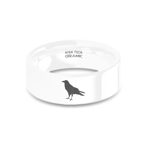 Raven Crow Corvid Laser Engraved Polished White Ceramic Band - Image View 5