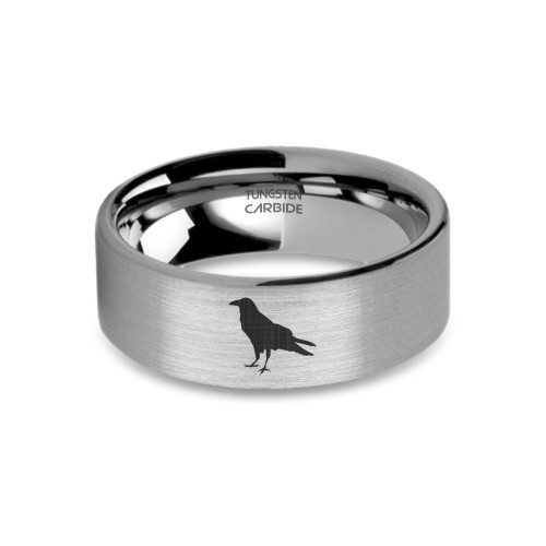 Crow Corvus Raven Engraved Brushed Silver Tungsten Wedding Band - Image View 5