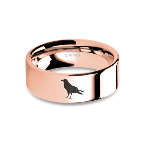 Crow Rook Magpie Laser Engraved Rose Gold Polished Tungsten Ring - Image View 5