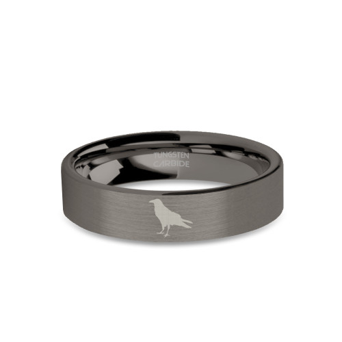 Crow Jackdaw Laser Engraved Brushed Gunmetal Tungsten Ring - Image View 1