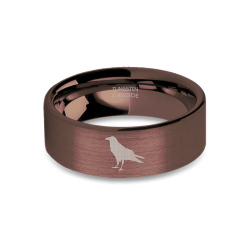 Crow Corvid Rook Engraved Rustic Brown Brushed Tungsten Ring - Image View 5
