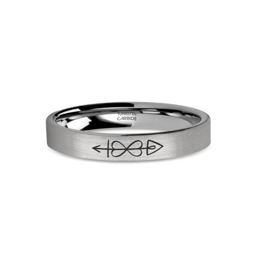 Ancient Love Charm Rune Engraved Brushed Silver Tungsten Ring - Image View 1