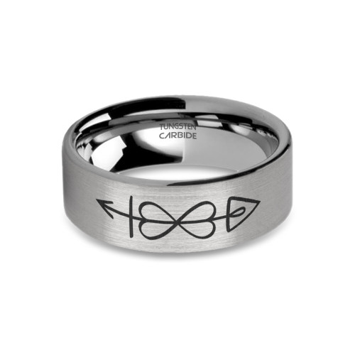 Ancient Love Charm Rune Engraved Brushed Silver Tungsten Ring - Image View 5