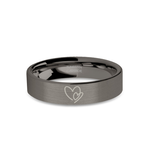 Line Drawn Twin Hearts Engraved Brushed Gunmetal Tungsten Ring - Image View 1