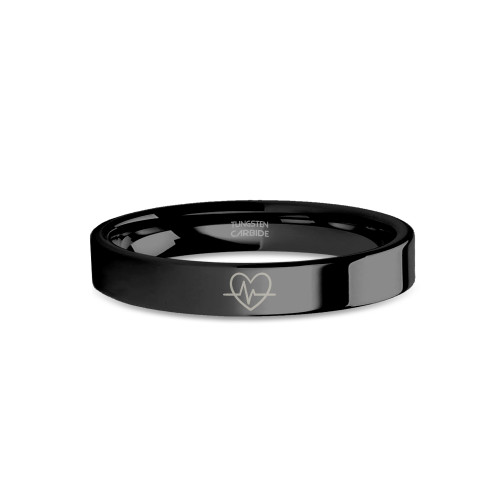 Heart Beat EKG Line Engraved Polished Black Tungsten Carbide Ring - Image View 1