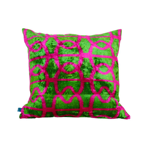  Fuchsia  & Green Velvet Ikat Pillow