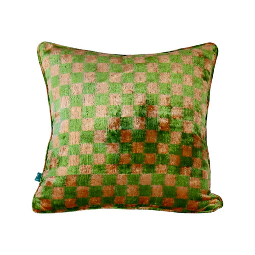 Bukhara Green Checkered Ikat Velvet Pillow