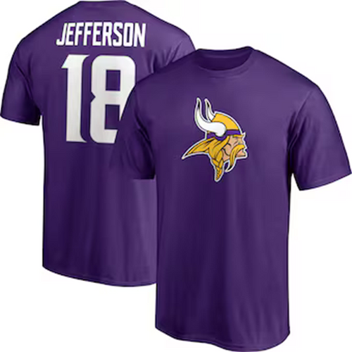 Minnesota Vikings Mens Purple Nike Justin Jefferson #18 Player Icon Name and Number Players T Shirt Minnesota Vikings Mens Purple Nike Justin Jefferson #18 Player Icon Name and Number Players T Shirt