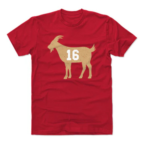  San Francisco 49ers Mens Red Joe Montana #16 Players T Shirt with Goat Logo by 500 Level
