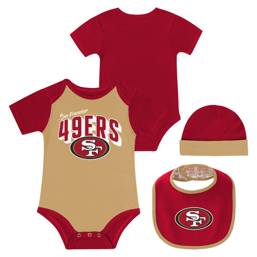 San Francisco 49ers Red and Tan Infants Dynamic Duo Onsie Bib and Beanie Set by Outerstuff