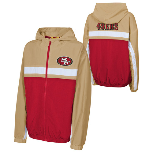 San Francisco 49ers Youth Red and Gold Headliner Full Zip Hooded Windbreaker with Front and Back Team Logo by Outerstuff