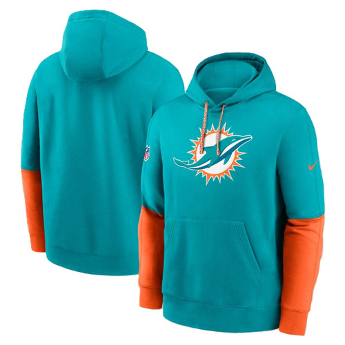 Miami Dolphins Mens Turquoise and Orange Nike Club Pullover Two Toned Hoodie with Alternate Sleeves