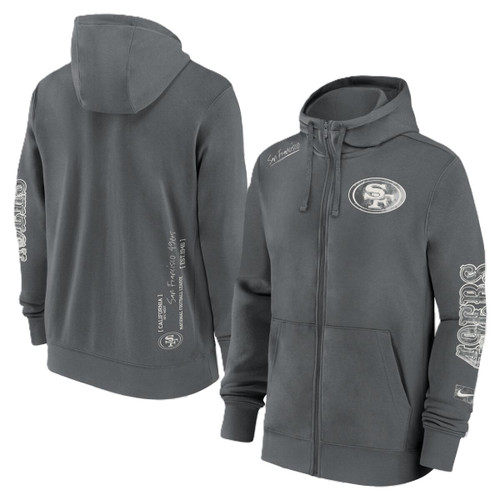 San Francisco 49ers Mens Iron Grey Nike Full Zip Statement Hoodie with Wordmark Sleeve Logo