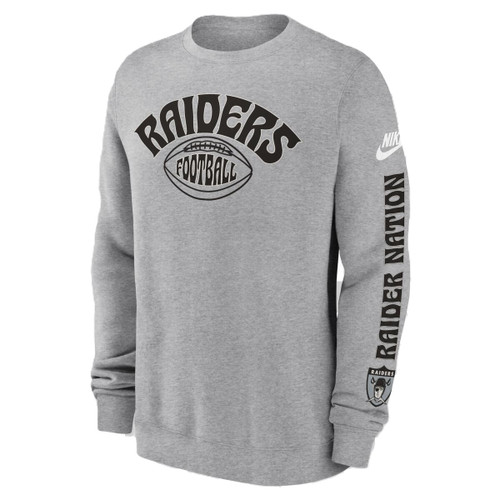  Las Vegas Raiders Mens Dark Grey Nike Arch Lockup Crew with Sleeve Wordmark Logo
