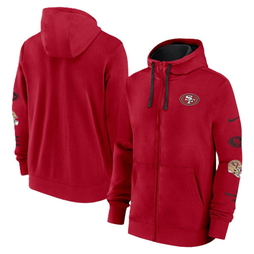 San Francisco 49ers Mens Gym Red and Black Nike Full Zip Club Hoodie with Sleeve Logos
