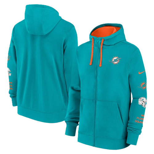 Miami Dolphins Mens Turquoise and Orange Nike Full Zip Club Hoodie with Sleeve Logos