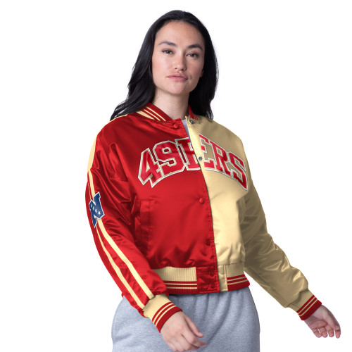 San Francisco 49ers Womens Gold and Red Zone Blitz Two Toned Satin Jacket with City Logo on Back by G111