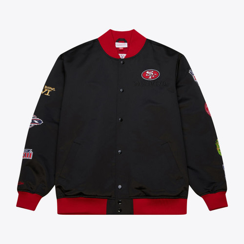 San Francisco 49ers Mens Black Lightweight Satin Jacket with Sleeve Patches and Red Cuffs by Mitchell and Ness