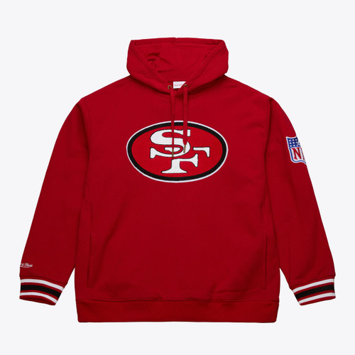 San Francisco 49ers Mens Red Pullover Hoodie with Center Chain Stitch Logo by Mitchell and Ness