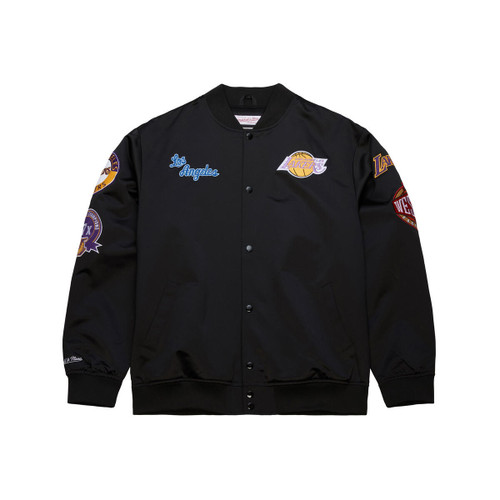Los Angeles Lakers Mens Black Snap Vintage Bomber Jackets with Front Chest Logos by Mitchell and Ness