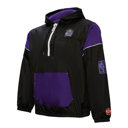 Sacramento Kings Mens Black and Purple Two Sided Vintage Quarter Zip Windbreaker with Front Hand Pocket by Mitchell and Ness