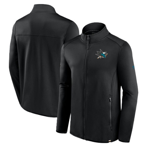San Jose Sharks Mens Black on Black Full Zip Fleece Active Jacket with Left Chest Logo