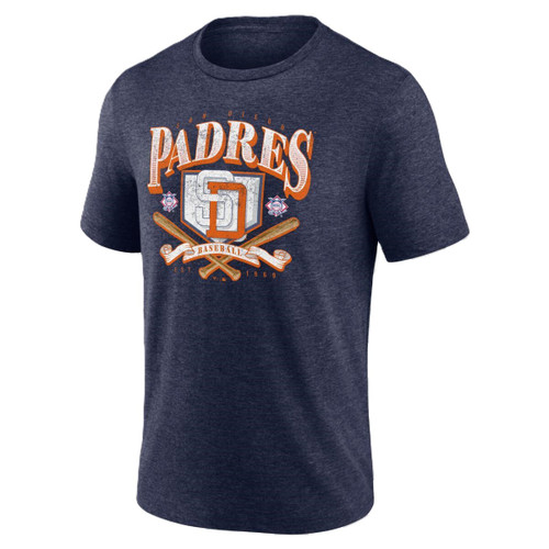 San Diego Padres Mens Navy 1998 Home Team Tri Blend Soft Tee with Orange Wordmark Logo