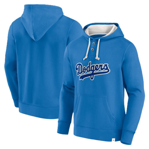 Los Angeles Dodgers Mens Faded Royal Blue Cooperstown Two Button Plan for Adversity Pullover Fleece Hoodie with Chenille Script