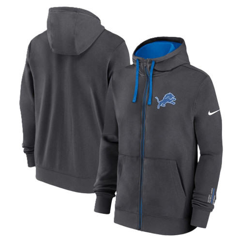 Detroit Lions Mens Anthracite Nike Full Zip Club Hooded Fleece with Left Chest Logo Detroit Lions Mens Anthracite Nike Full Zip Club Hooded Fleece with Left Chest Logo