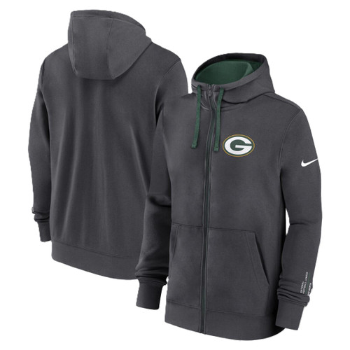 Green Bay Packers Mens Anthracite Nike Full Zip Club Hooded Fleece with Left Chest Logo Green Bay Packers Mens Anthracite Nike Full Zip Club Hooded Fleece with Left Chest Logo