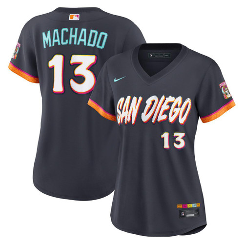 San Diego Padres Manny Machado # 13 Womens V Neck City Connect Ultra Stitch Jersey Dark Obsidian