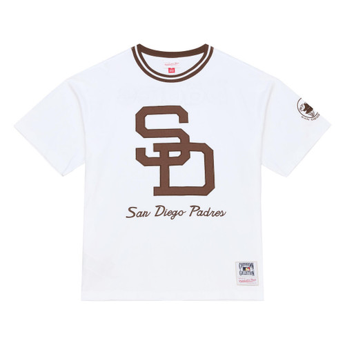 San Diego Padres Mens Two Sided Shirt With Friar Logo Arctic White Mitchell And Ness