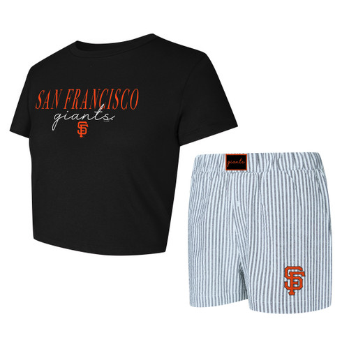 San Francisco Giants Ladies Black Short Sleeve Shirt with Grey Pin Striped Shorts with Logo by College Concepts