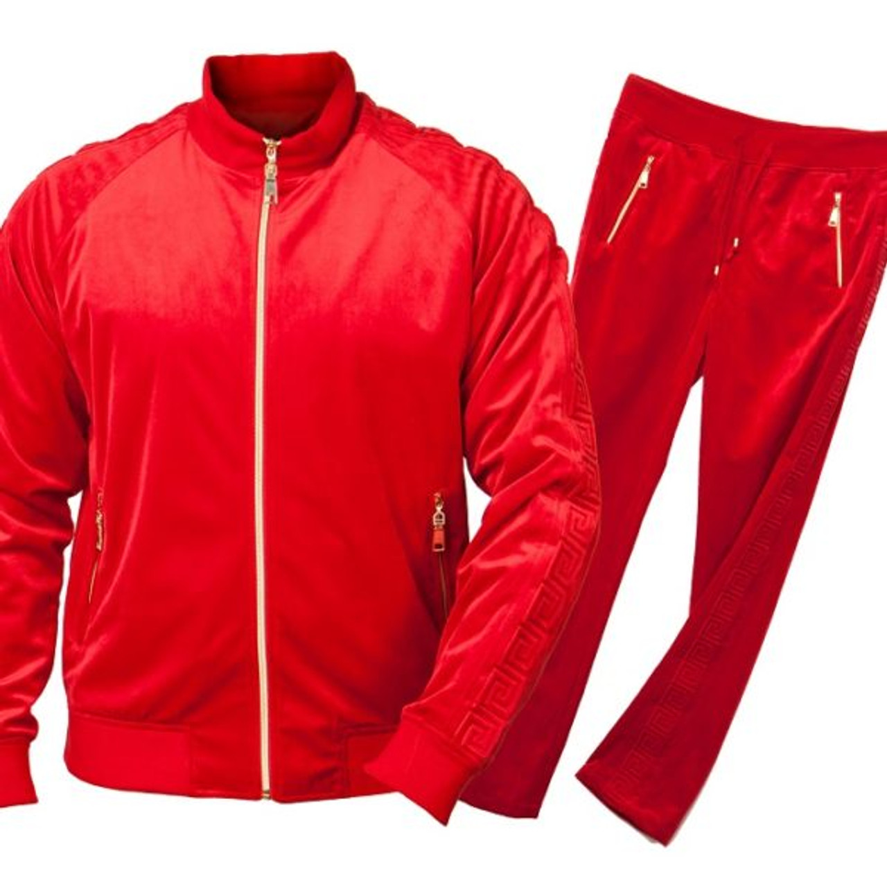 red jogging suit