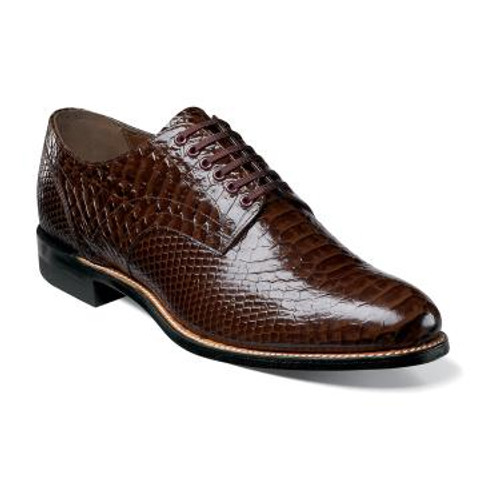 Known fondly by long-time Stacy Adams fans as the ÛÏOriginal Stacy Adams Biscuit Toe,Û the entire upper of this dress shoe is made of anaconda print leather. The compelling texture is magnified by the beautiful hues of the leather itself.

The Madison is a plain toe lace-up.
The upper is kidskin leather and anaconda print leather.
The linings are leather.
The sole is leather and is crafted with genuine Goodyear welt construction.