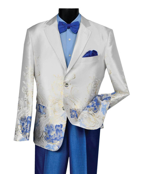 Blu Martini High fashion Slim Fit Sateen 2 Button Notch Lapel Jacket with the sateen flat front  slim fit solid pants to match the floral design within the Jacket.  A Ivory Sateen suit with hints of Gold and Royal Blue.


Unique casual elegance at reasonable prices.  A relaxed modern fit for the new generation.  Blu Martini is a smart look, a step above the ordinary with emphasis on casual sophistication for the person who is a fashion leader.  Suits, outerwear, blazers and vest sets with European inspired fabrications add to the excitement of the BluMartini collection!