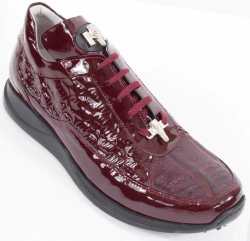 Mauri 8900/2 Bubble Men's Shoes  Baby Crocodile / Patent Print Leather Tennis Sneakers (MAS5352)
Material: Baby Crocodile / Patent Print Leather
Hardware: Silverbit Logo
Color: Burgundy
Outer Sole: Rubber Sole
Hand-painted Caiman Crocodile top
Print Patent Leather
Signature Mauri Silver Hardware Top
Comes with original box and dustbag
100% Handmade in Italy
8900-2-Burgundy