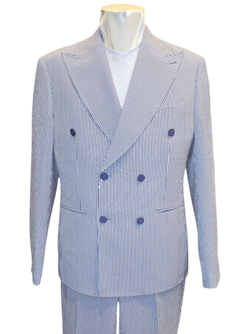 CIGAR COUTURE
DOUBLE BREASTED SEERSUCKER SUIT
MODERN FIT WITH 9" LEG WIDTH
2 BUTTON FOR CLOSURE
2 FRONT POCKETS WITH CHEST POCKET
NOTCHED PEAK LAPEL
FLAT FRONT PANTS 
80% POLYESTER 18% VISCOSE 2% ELASTANE
DRY CLEAN ONLY