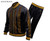 This Prestige black and gold Greek key velvet track suit has unique style that you just won't see everywhere. If wearing what no one else has is how you like to roll, Prestige is the designer brand for you. You'll find tracksuit styles that are completely original and don't look like anything else in the marketplace. This black and gold Prestige track set features a gold rhinestone Greek key design front that is made to get noticed. and ready to catch everyone's attention in the house. The pants are flat front style and made of soft velvet material with a silk like feel. Wear a black mock neck shirt underneath and you'll be the man.