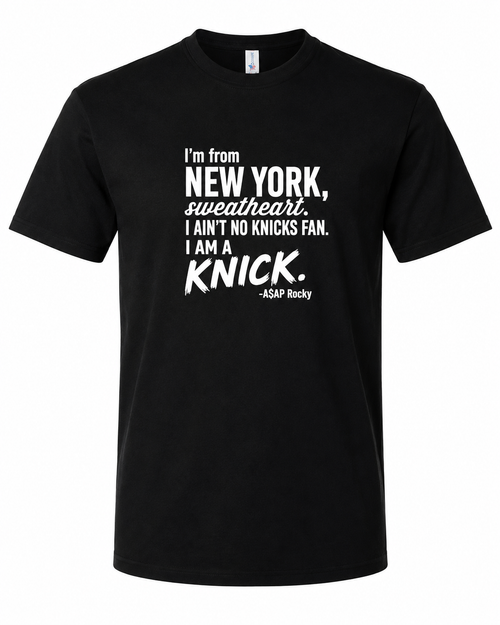 A New York attitude with a basketball twist. This bold black tee celebrates NYC confidence with the unforgettable “I am a Knick” sentiment, making it perfect for New Yorkers and Knicks fans alike.
