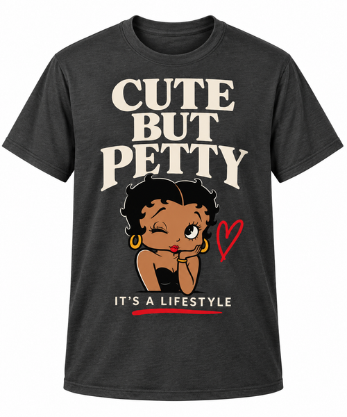 Dark charcoal Cute But Petty graphic T-shirt with cream lettering, illustrated woman and red accents