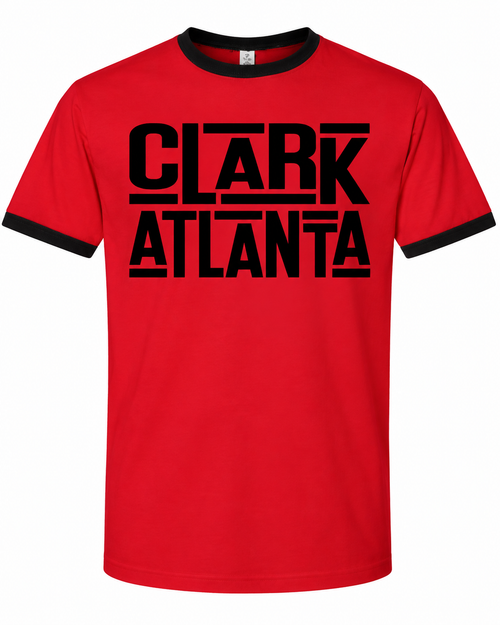 Red Clark Atlanta retro ringer T-shirt with black collar, black sleeve trim and bold black lettering.