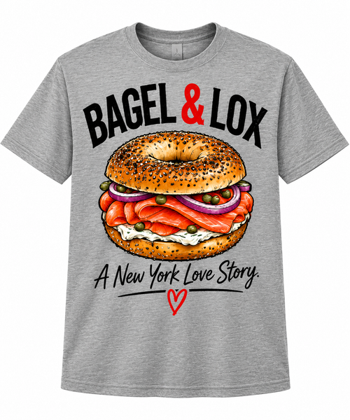 Heather gray Bagel and Lox T-shirt featuring an illustrated smoked salmon bagel and A New York Love Story lettering