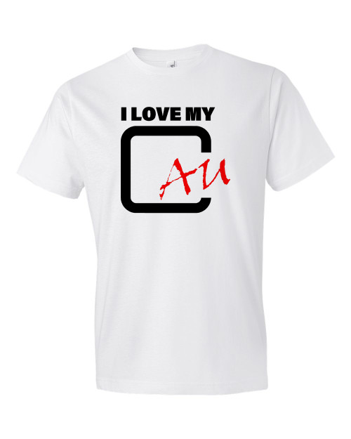 White graphic T-shirt with I Love My in bold black letters above a large black C and red handwritten AU lettering