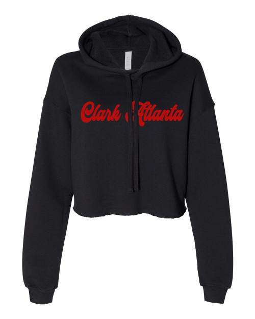 Black cropped pullover hoodie with red Clark Atlanta script lettering across the chest, drawstring hood, and long sleeves