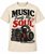 Cream Music Feeds My Soul T-shirt with red and black lettering, vinyl record, headphones and stacked music collection graphic